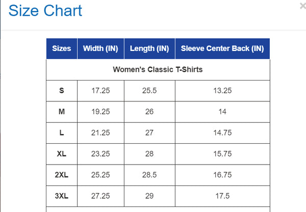 T shirt Size Chart