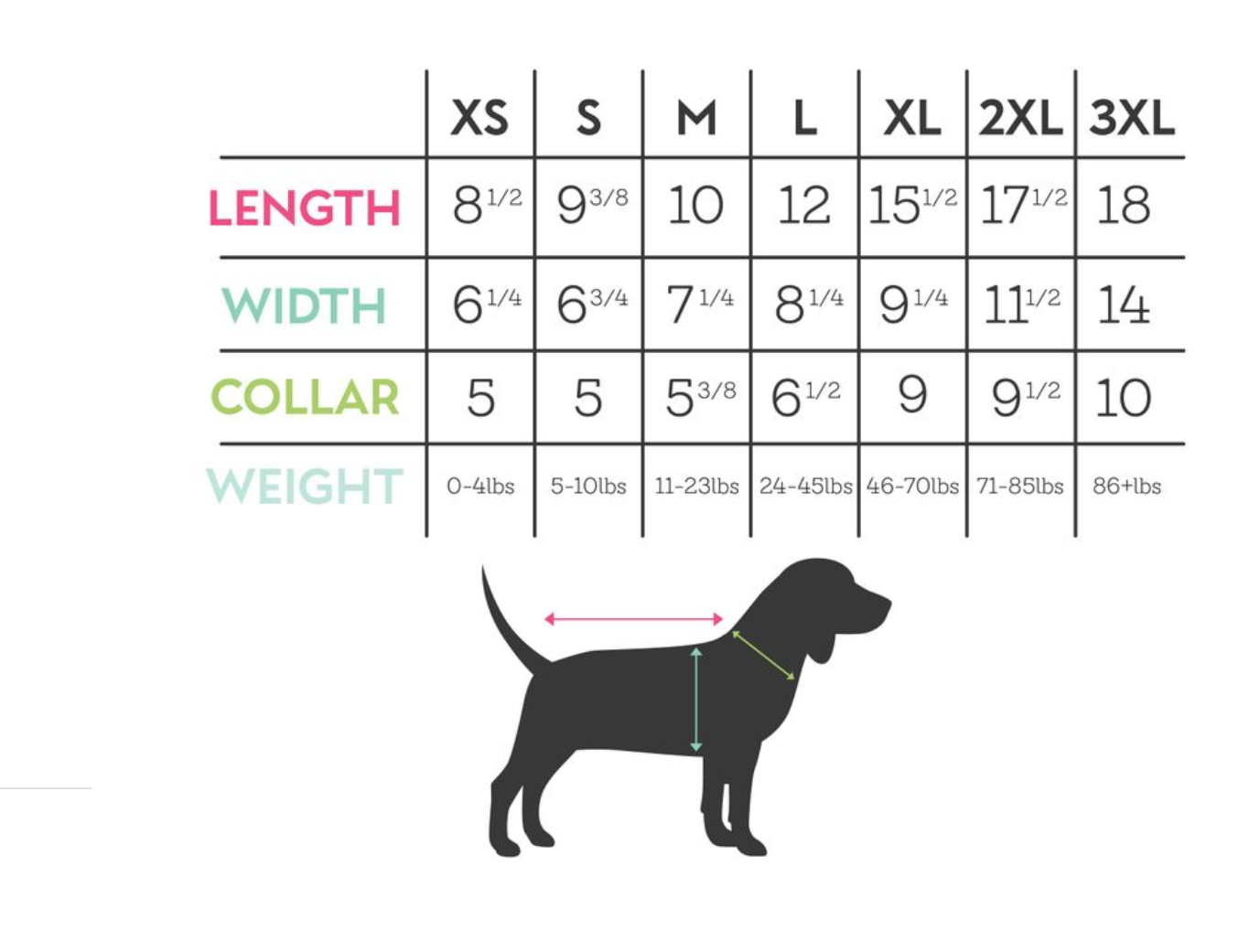 Dog shirt sizing chart