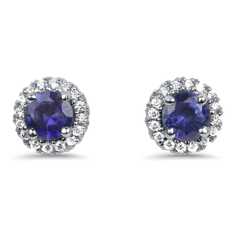 14k White Gold Ceylon Sapphire and Diamond Halo Stud Earrings