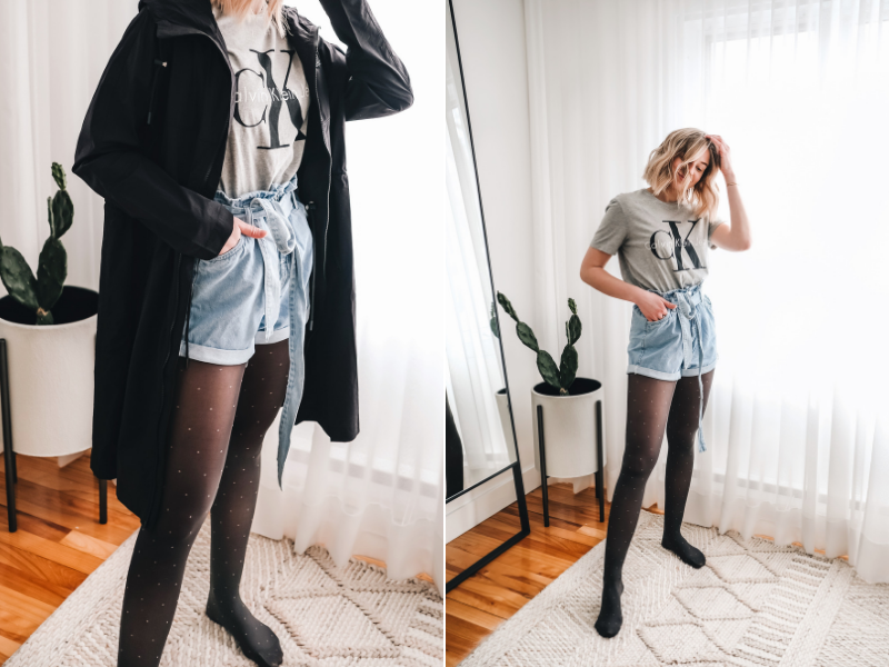 Navy Denim Shorts with Black Wool Tights Outfits (3 ideas & outfits)
