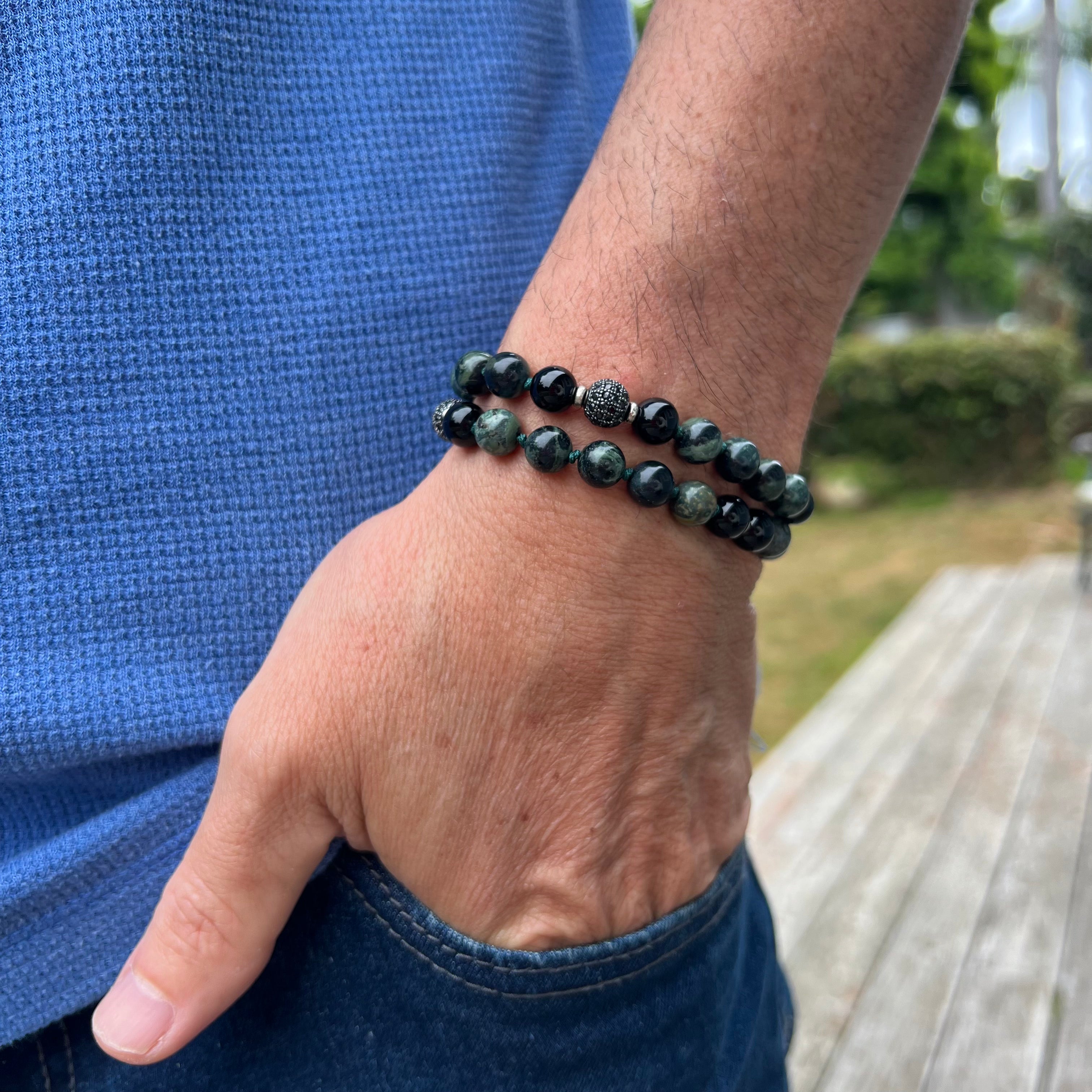 Kambaba Jasper, Black Onyx and Hematite Adjustable Beaded Bracelet