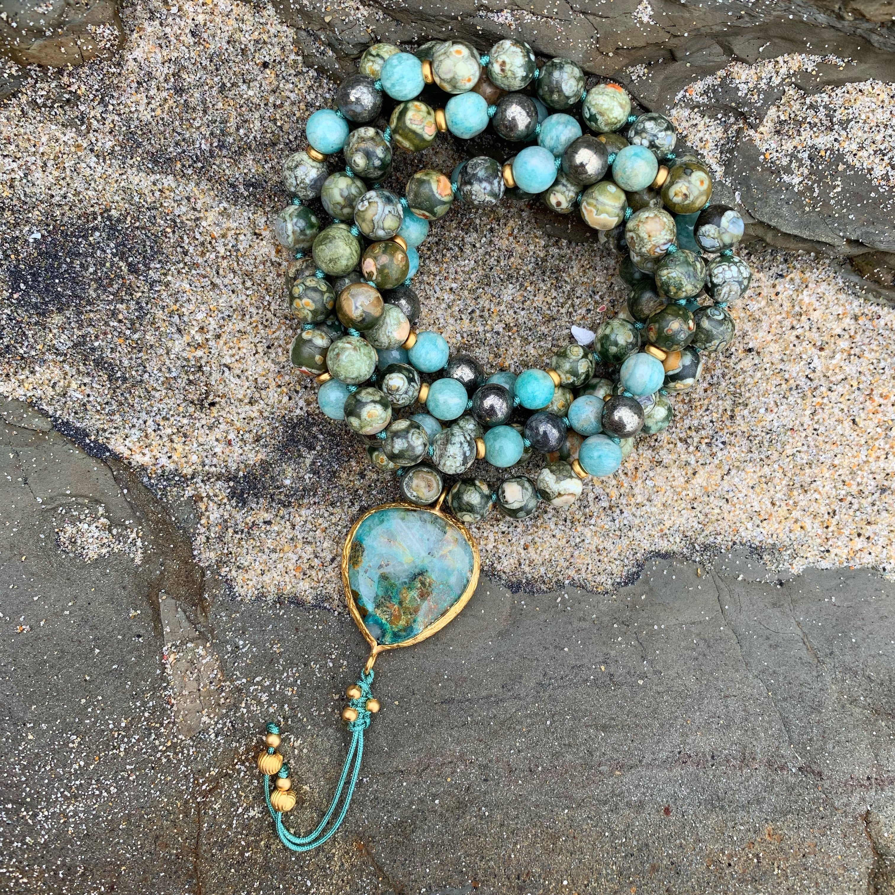 Ocean Jasper, Pyrite and Amazonite One of a Kind Mala with Chrysocolla Guru Bead