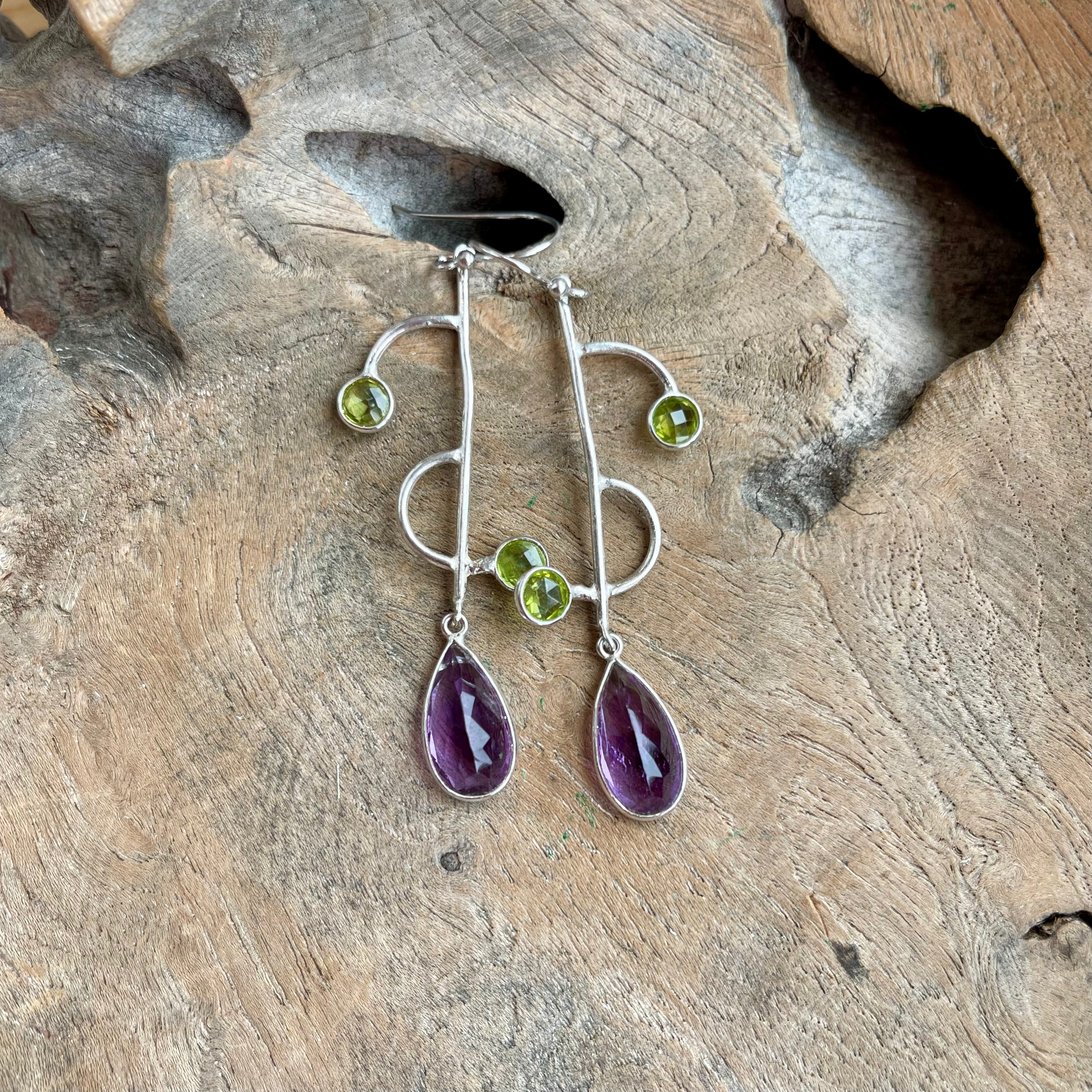 Silver - Peridot and Amethyst Earrings