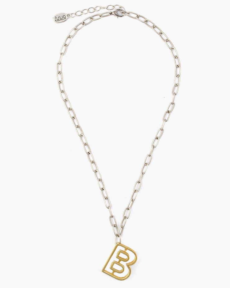 Express yourself with the Lovell Necklace! Handmade in Frisco TX, Julio Designs Lovell Initial Necklace, Dimensional brass initial pendant on paperclip chain. 