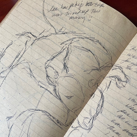 Sketch of our dog Petey in a notebook - sketching to help connection between a person and their dog