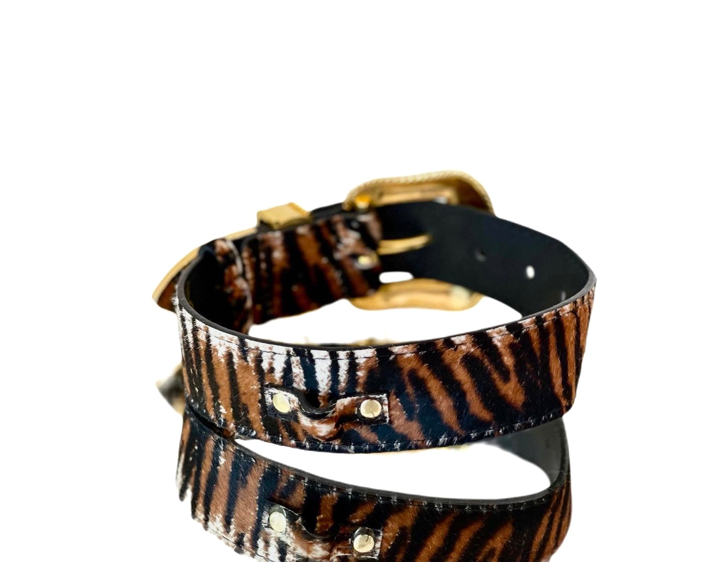 Luxury Pet Fashion Tiger Print Hair On Hide Italian Leather Collar With Swarovski Crystal Hardware