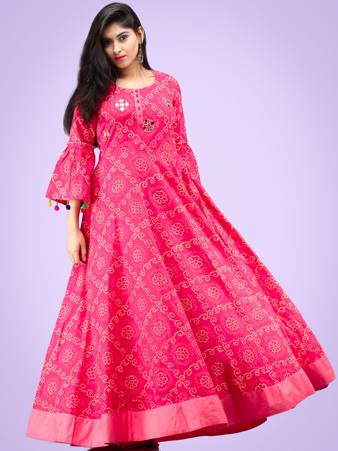 Maher Pink Bandhani Printed Urave Cut Long Dress