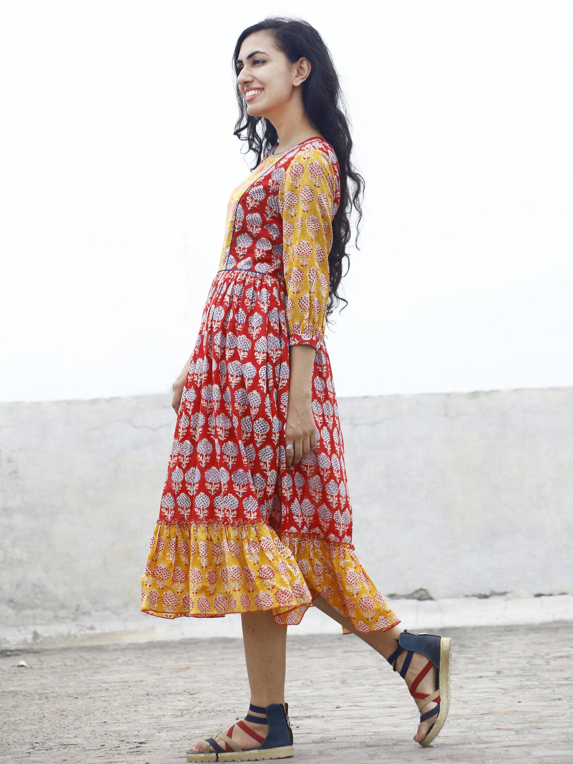 Red Yellow Blue ivory Hand block Printed Dress With Gathers And Peasan ...