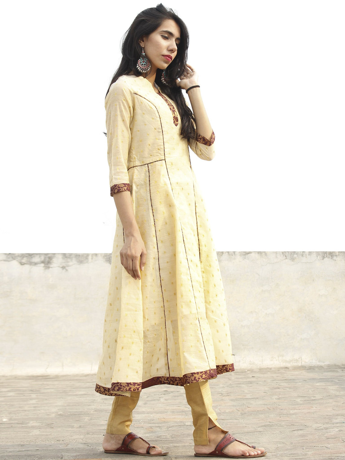 Beige Golden Mauve Princess Line Brocade Kurta - D161F001 – InduBindu