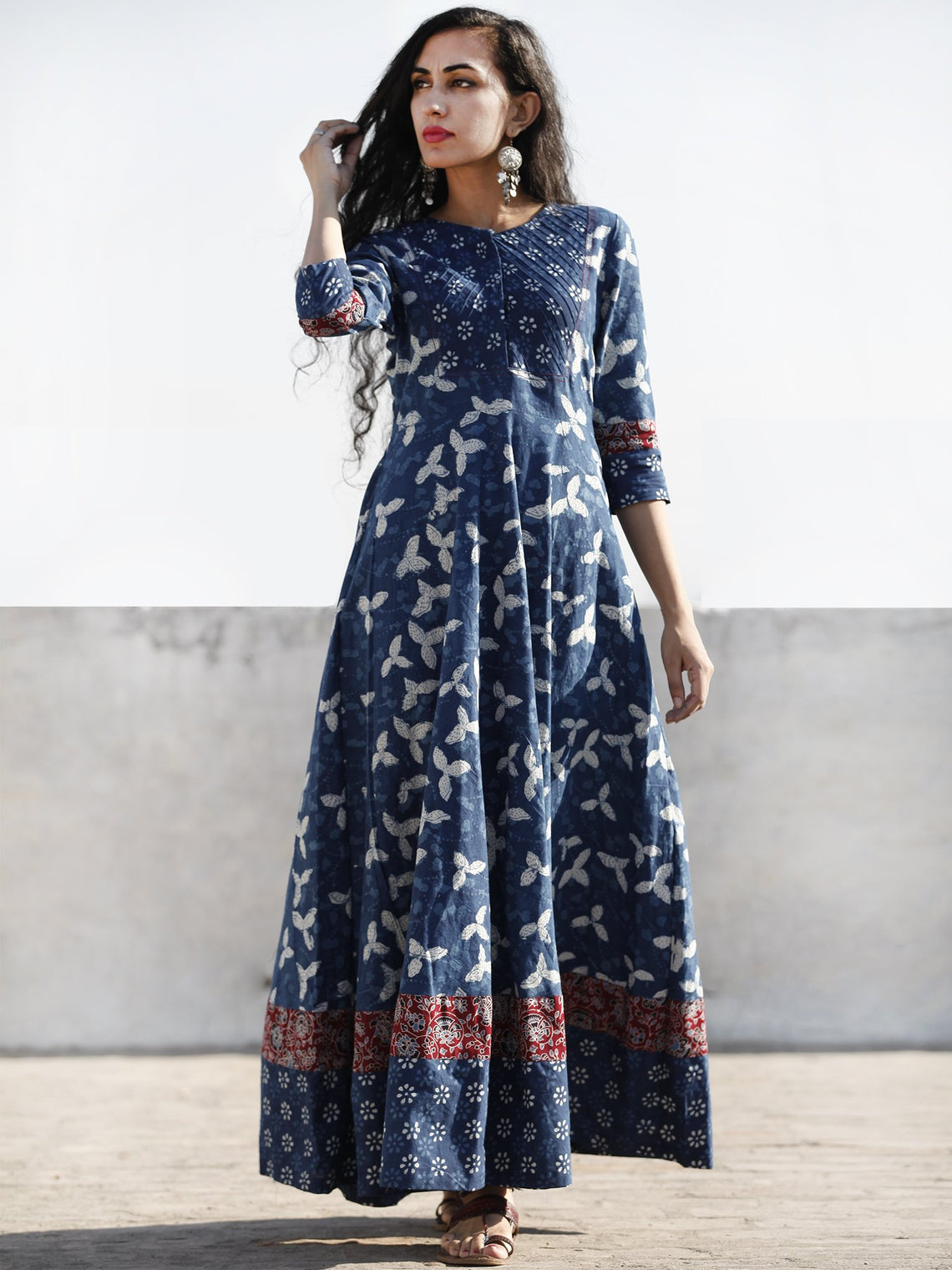 Indigo White Red Hand Block Printed Cotton Dress With Pin Tuck - D204F ...
