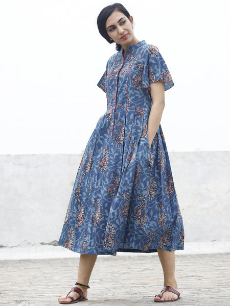 Indigo Rust Ivory Hand Block Cotton Pleated Dress With Side Pockets ...