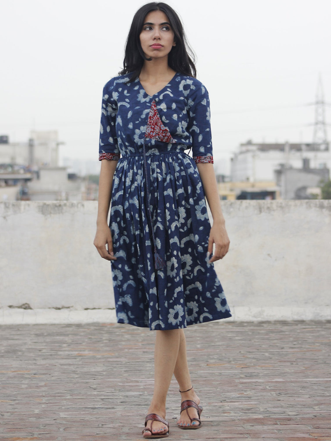 Indigo Ivory Maroon Hand Block Printed Cotton Angrakha Dress With Elas ...