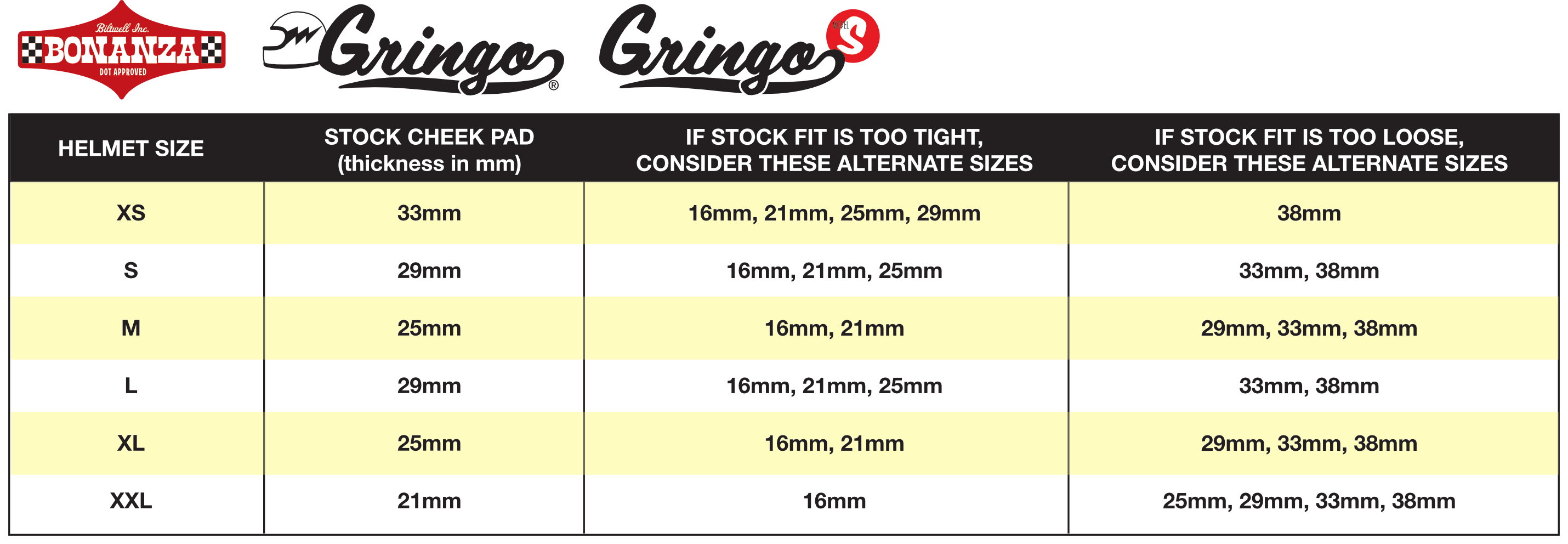 Biltwell Gringo Size Chart