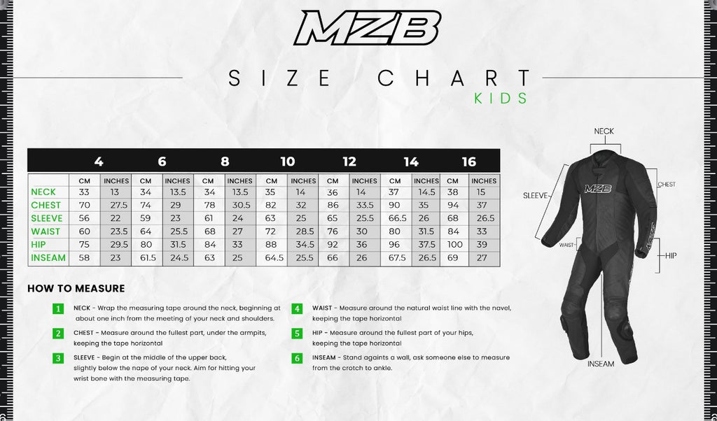 MZB Kids Motorcycle Leather Suits Size Chart