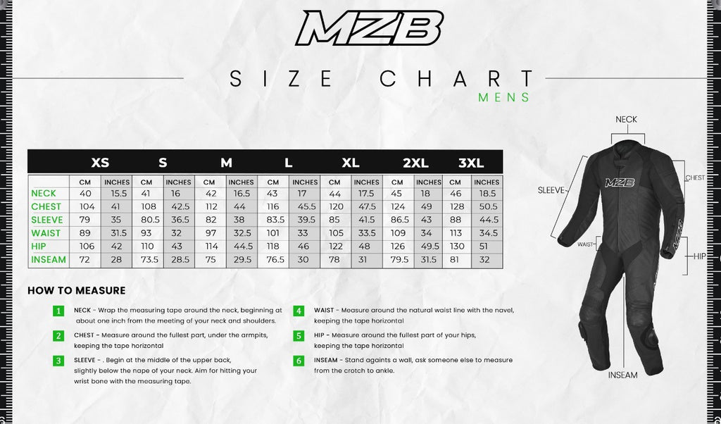 MZB Motorcycle Leather Suits Size Chart