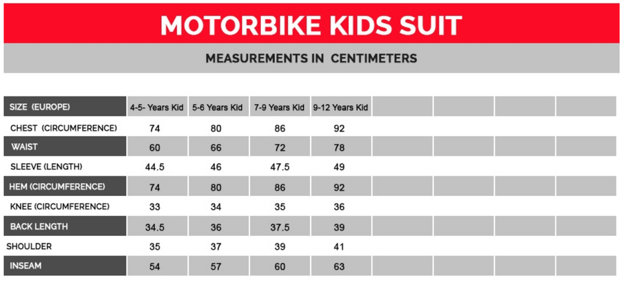 Motorcycle Race Suit Size Chart