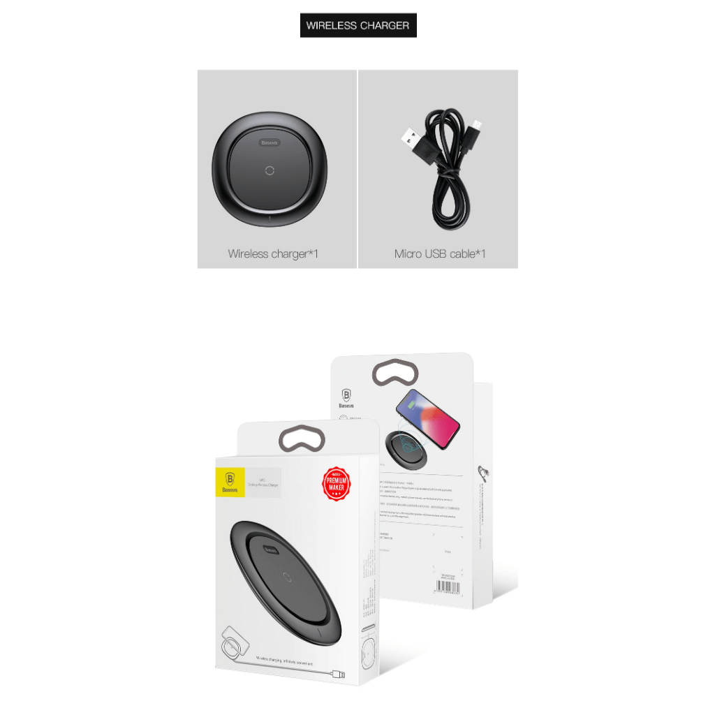 Baseus UFO Qi Standard Wireless Charger with cable Packaging & Contents 