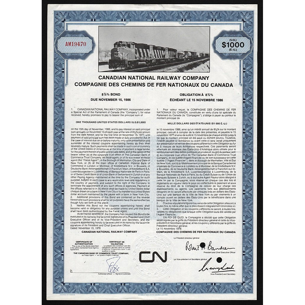 Cn Rail Canadian National Railway Company Stock Bond Certificate Artonpapers