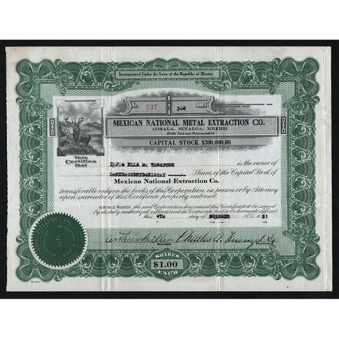 Mexican National Metal Extraction Co. 1921 Mexico Stock Certificate