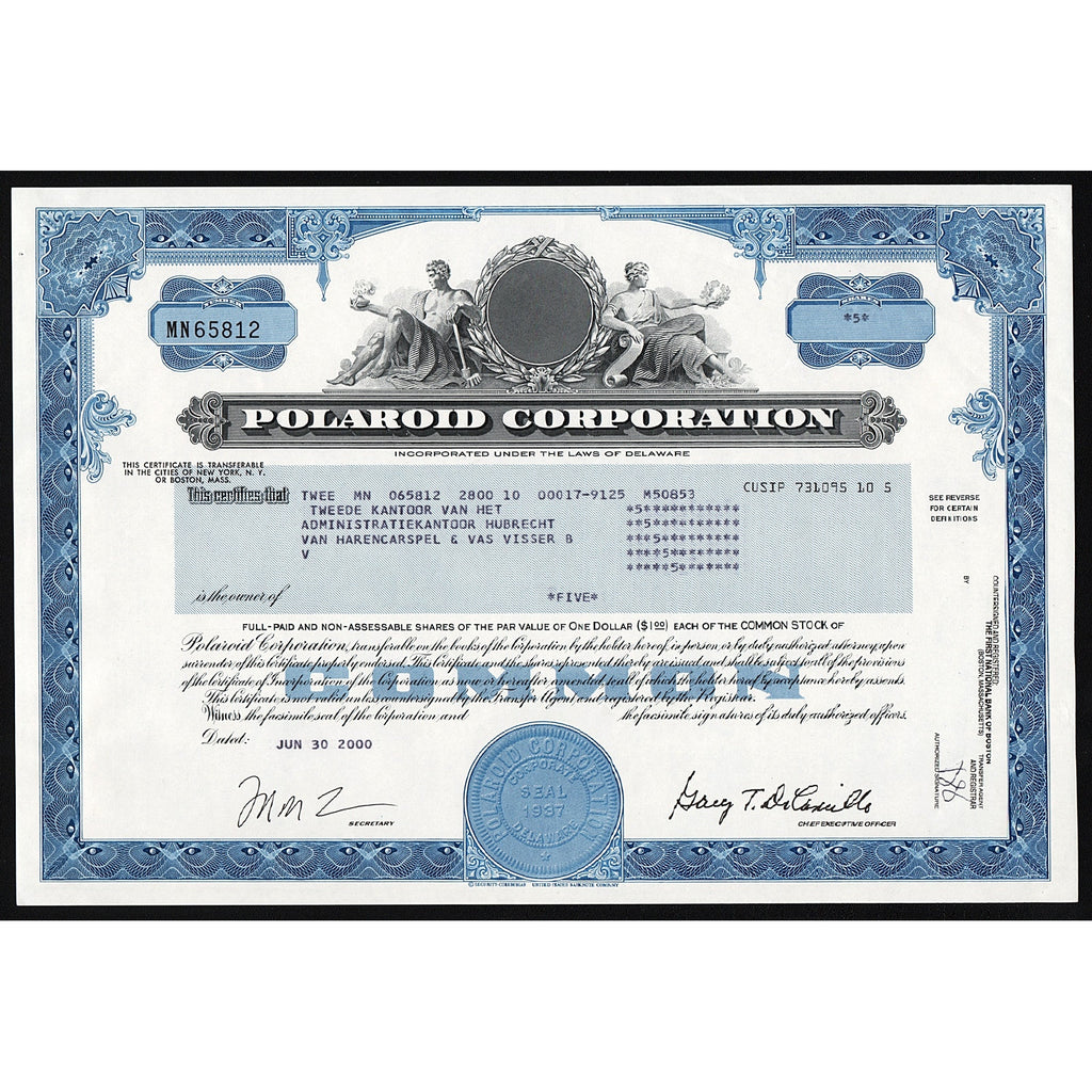 Polaroid Corporation Instant Camera Stock Certificate