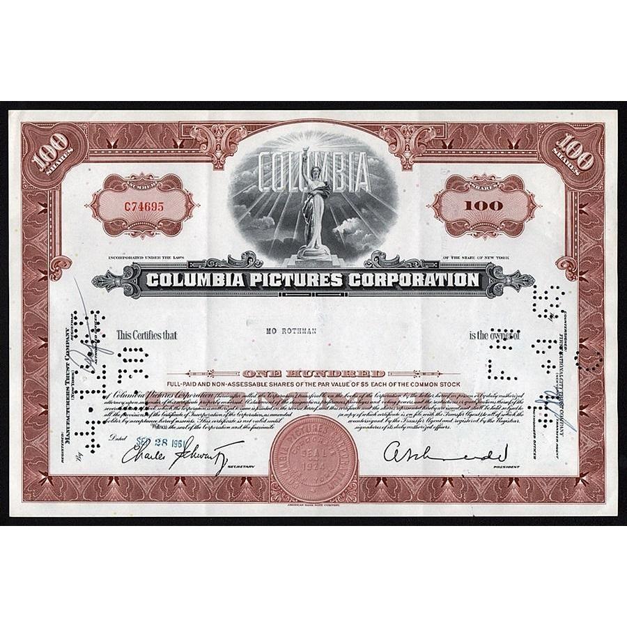 Columbia Pictures Corporation Stock Certificate