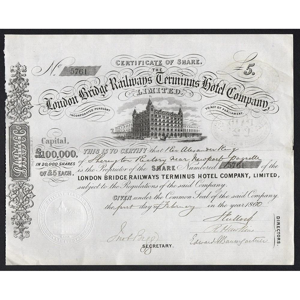 The London Bridge Railways Terminus Hotel Company 1860 Share Certificate
