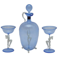 Vintage Lauscha Bimini Blue Glass Decanter Set