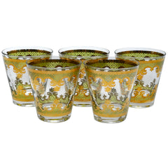 Vintage Georges Briard Green & Gold Double Old Fashioned Glasses