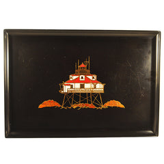 Vintage Couroc of Monterey Black Resin Red & White Lighthouse Tray