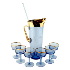 Vintage Gold Rim Blue Glass Hungarian Cocktail Pitcher Set | The Hour