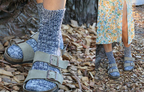 grey color socks with light grey color leather sandals