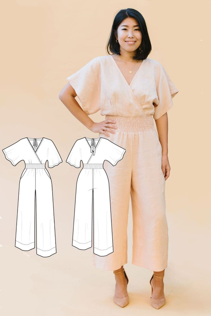 Woman wears a peach jumpsuit. Alongside her is an image of a technical drawing of the front and back of the jumpsuit