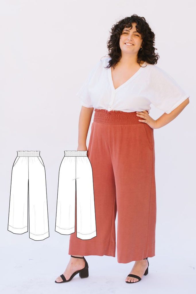 Woman wears coral coloured pants. Alongside her is an image of a technical drawing of the front and back of the pants