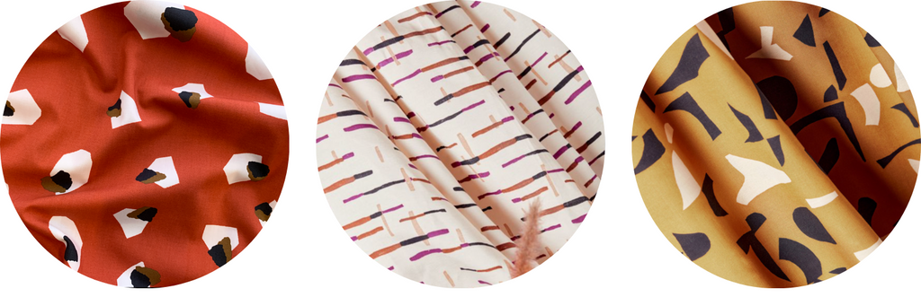 A section of abstract printed fabric swatches