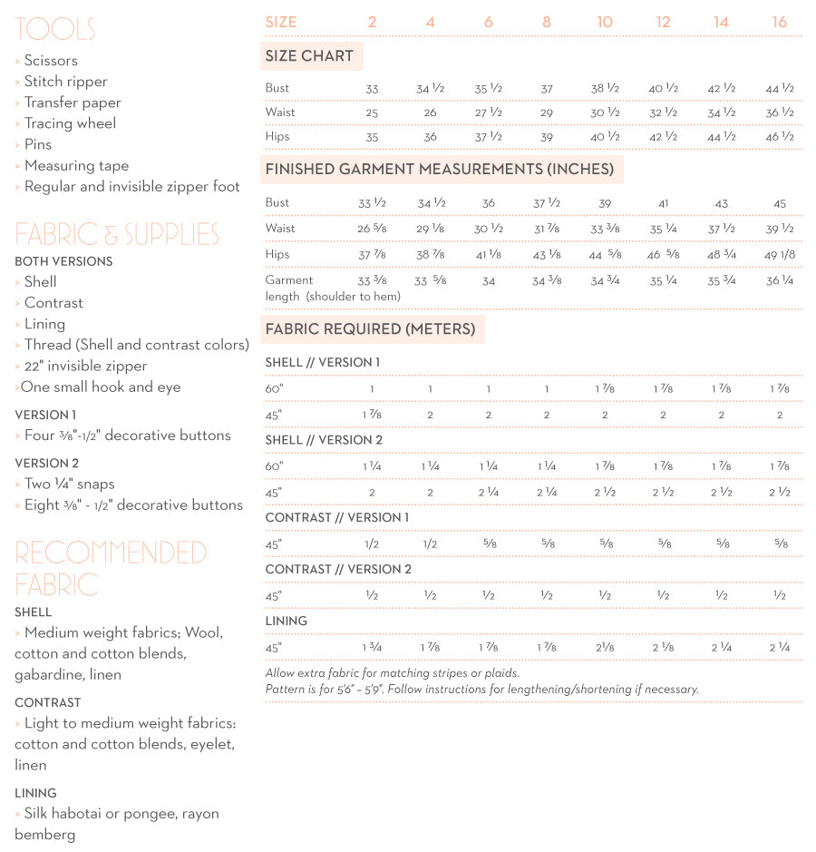 Chloe Size and yardage Charts