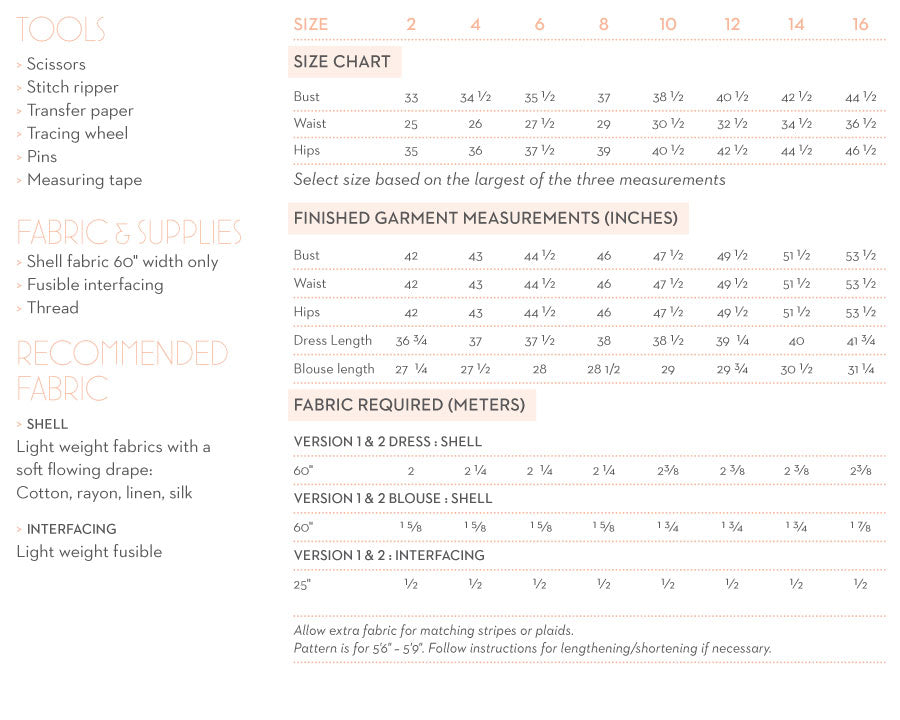 Satsuki Size and Fabric Quantity Charts 