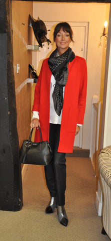Autumn outfit red cardigan coat navy scarf