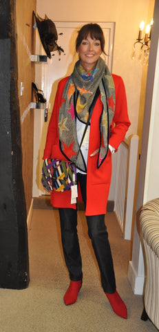 Autumn outfit red cardigan coat ombré scarf cross body bag