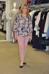 NYDJ pink jeans and NYDJ navy floral blouse