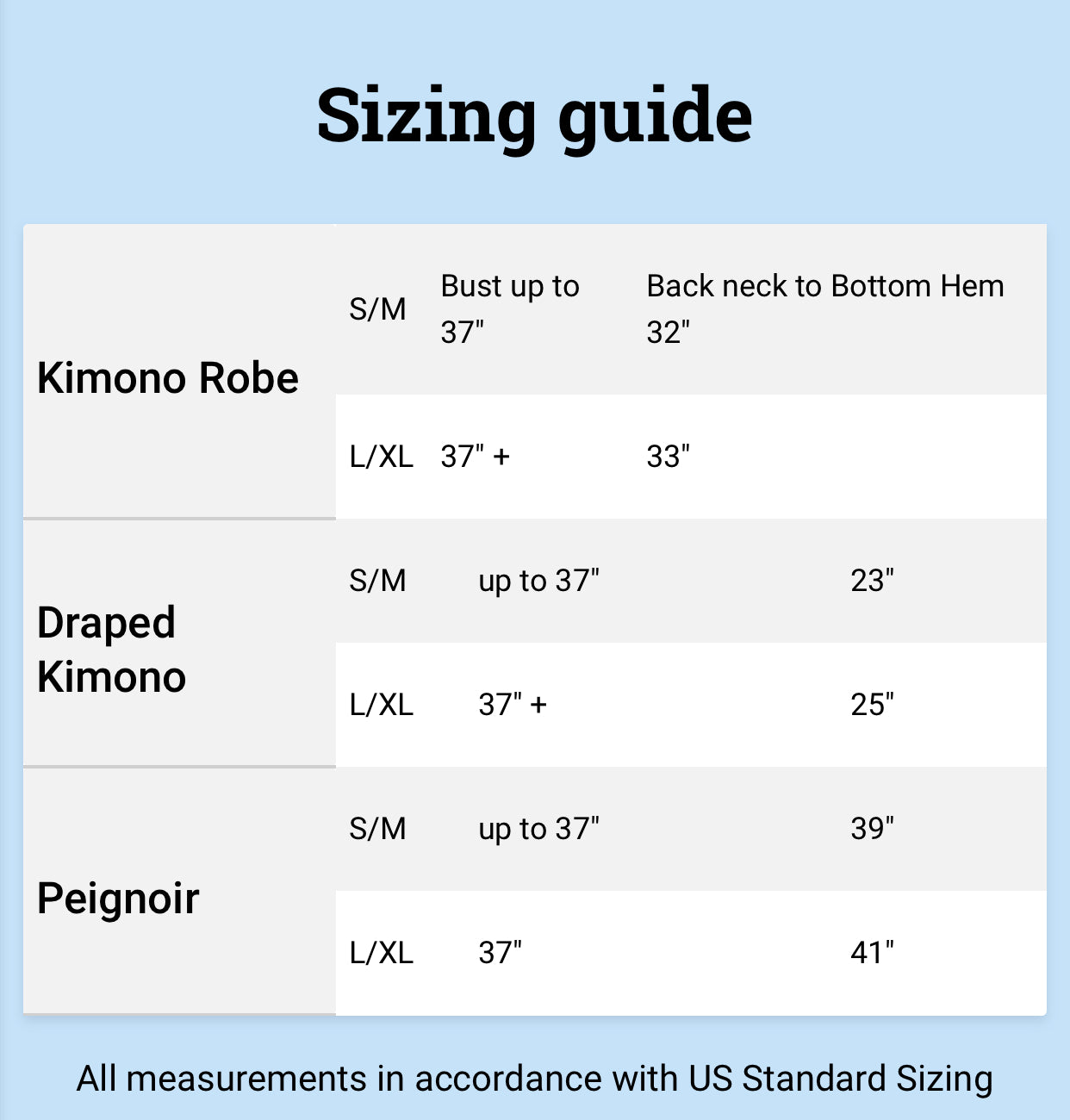 Sizing Guide for Kimonos