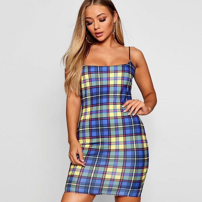 blue plaid bodycon dress