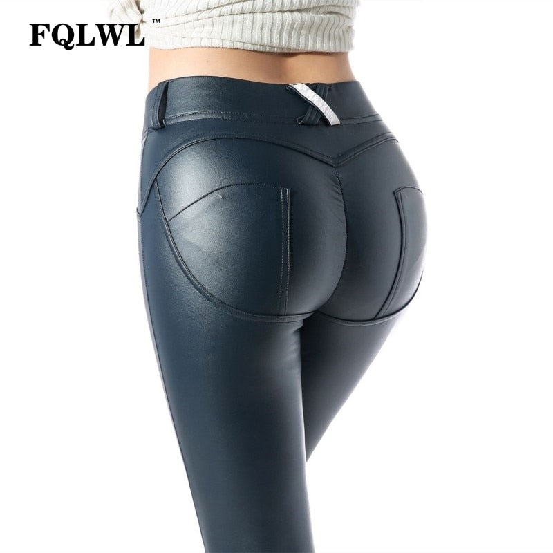 Fqlwl Plus Sizes Pu Leather Pants Women Elastic Waist Hip Push Up
