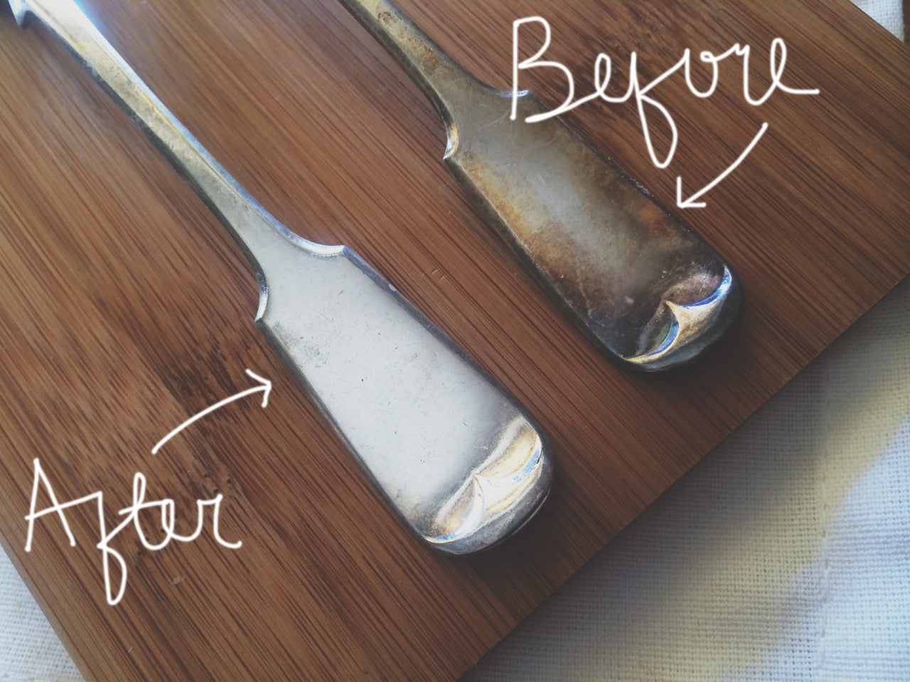 before and after cutlery with tarnish