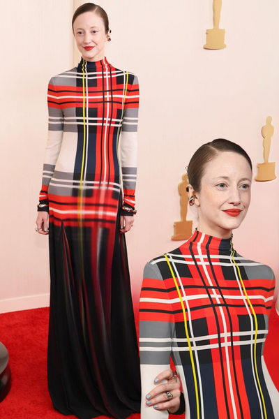 Andrea Riseborough in a tartan inspired floor-length Loewe dress