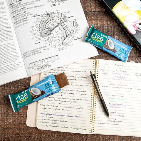 Chocolatey Coconut Rise Bars on top of study books