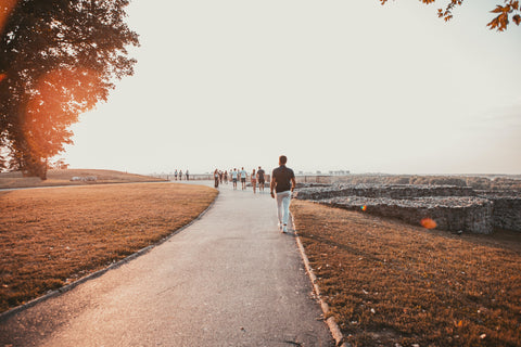 People walking down a road