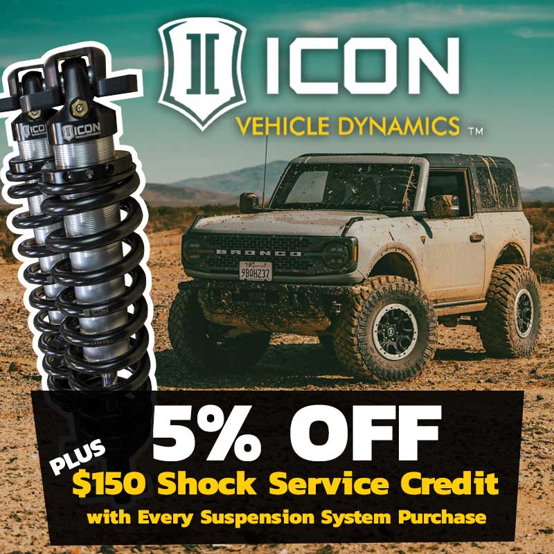 Shock Surplus Spring Sale 2024 - Icon Vehicle Dynamics - 5% off & $150 Shock Service Credit with every Suspension System purchase