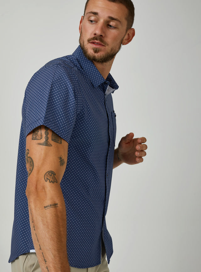 White Blue Dots Mens Short Sleeve Button up Shirts - Tailored Slim Fit  Cotton Dress Shirts