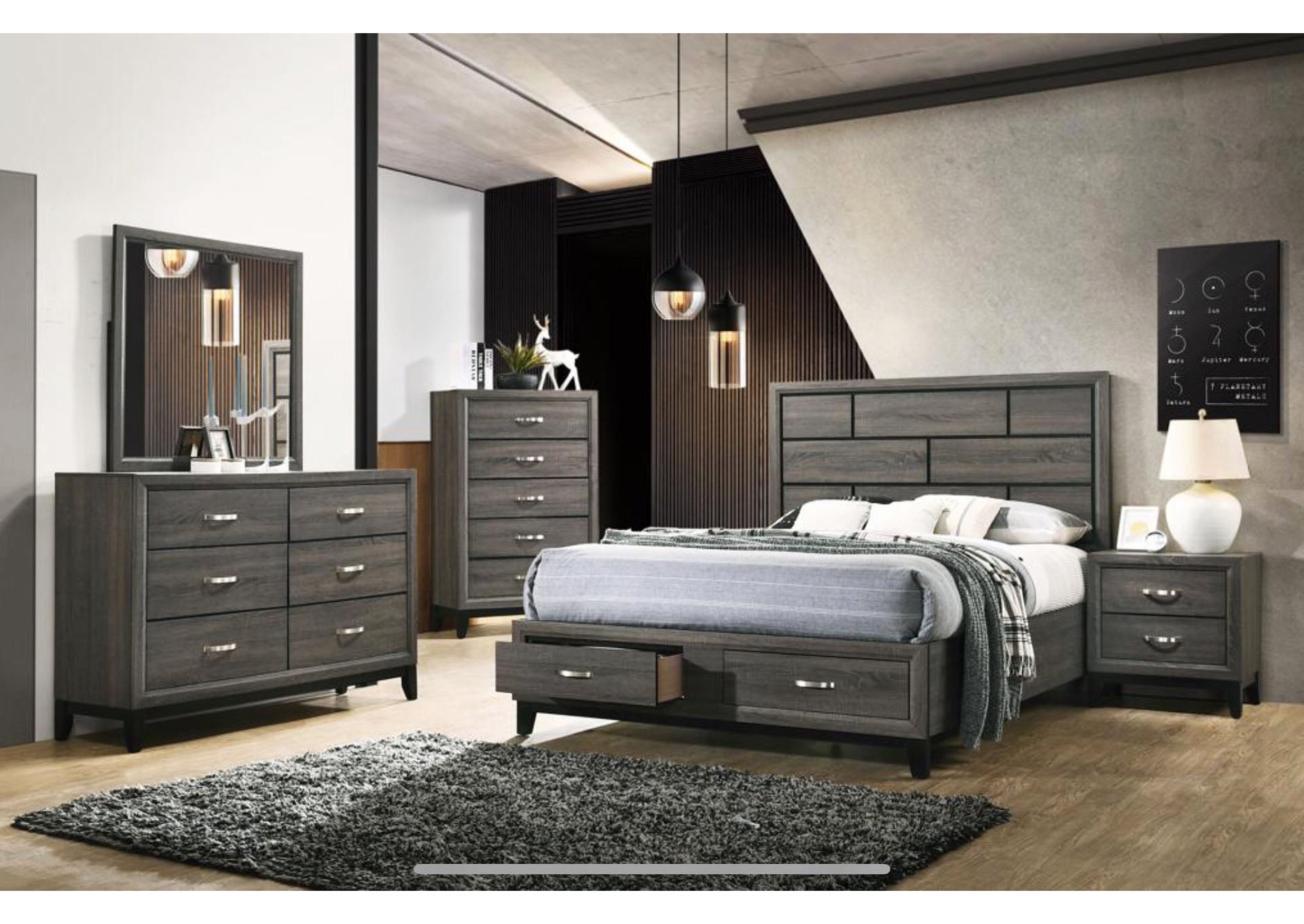 Hazel Modern Bedroom Set In Foil Grey Elm