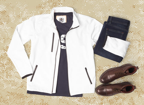 Camplete mens attire with jacket, t-shirt, jeans and boots
